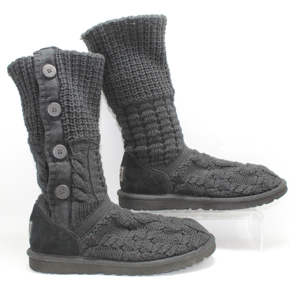 UGG Australia Lattice Cardy Black Knit‎ Button Tall Boots 1000464 Womens 9